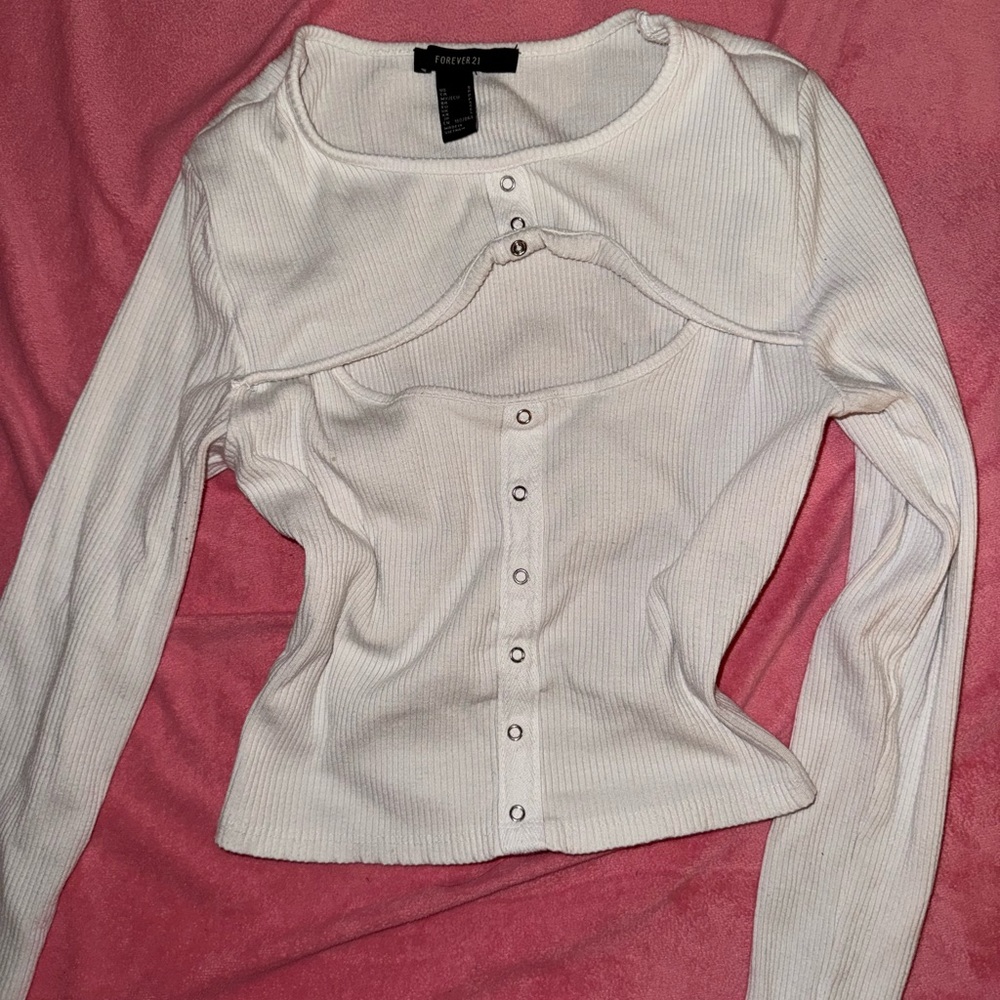 Forever 21 White Ribbed Button-Down Top